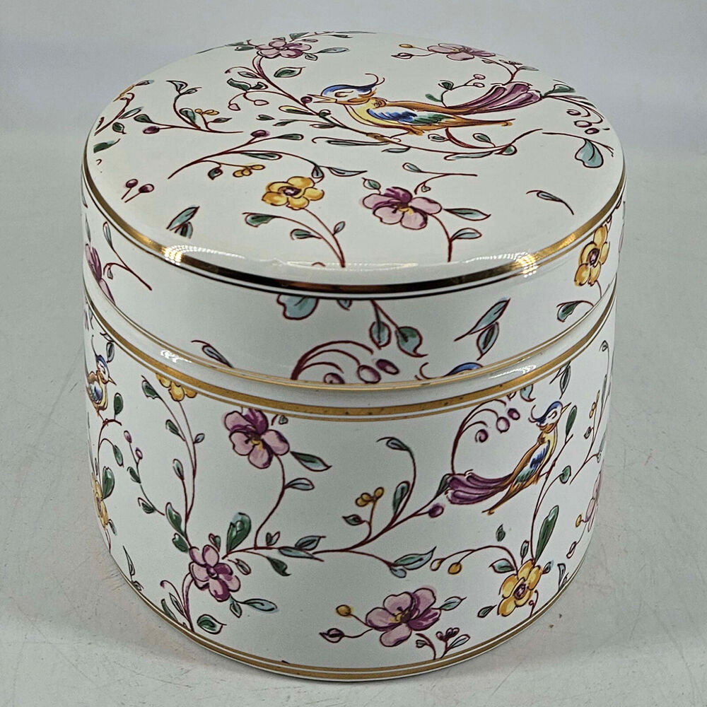 Pink Floral flowers birds ceramic candy trinket dish w lid gold trim